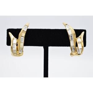 Pell Vintage Crystal Clip On Earrings Baguette Rhinestone Gold Signed AS IS BinC